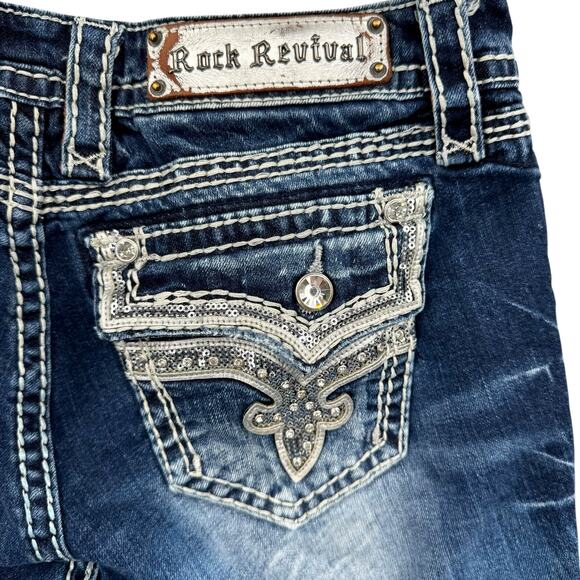 Rock Revival Kai Sequin Embellished Stitching Dark Wash Denim Crop Capri Jeans - Picture 2 of 10